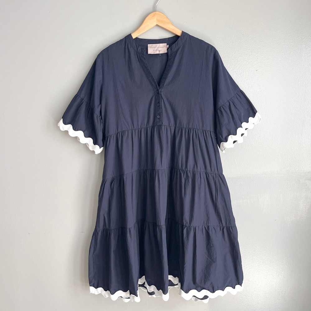 White Closet Dress Womens Medium Navy Ric Rac Tiered Preppy Yacht Sailor Coastal